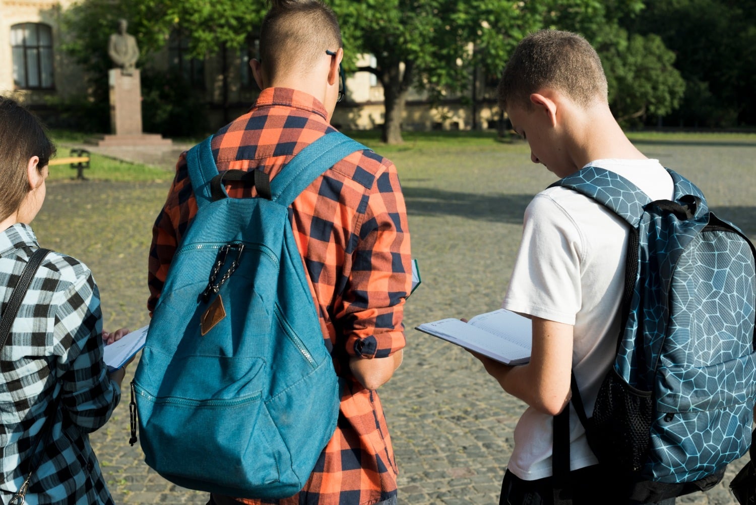 Medium shot back view highschool students reading 1